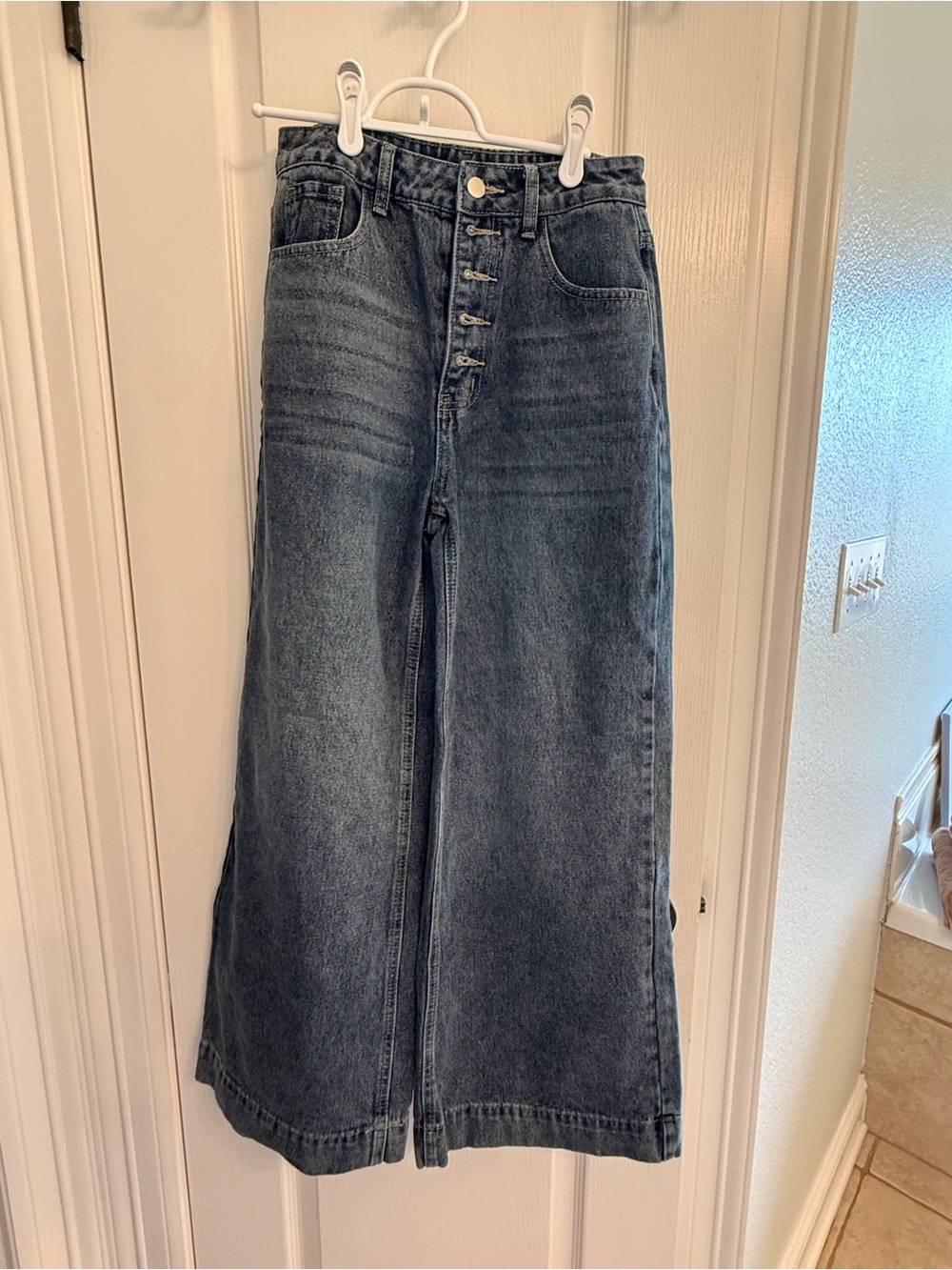 SHEIN Dark Washed Blue High-Rise Wide-Leg Button-Fly Jeans